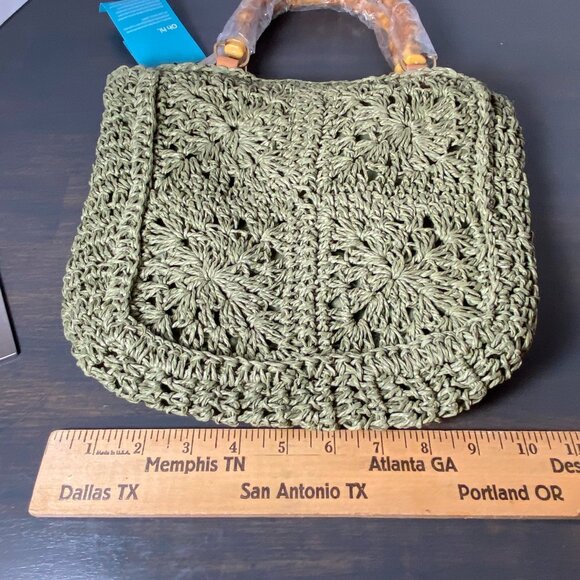 KISS SEA Woven Crochet Handbag Bamboo Handle Green NWT - Picture 9 of 9